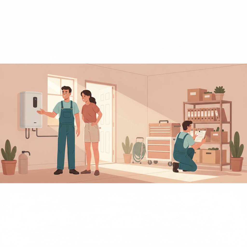 Create an editorial illustration of an Arizona home-service technician and homeowner examining a tankless water heater in a clean Gilbert garage, with a second technician organizing labeled-but-unread