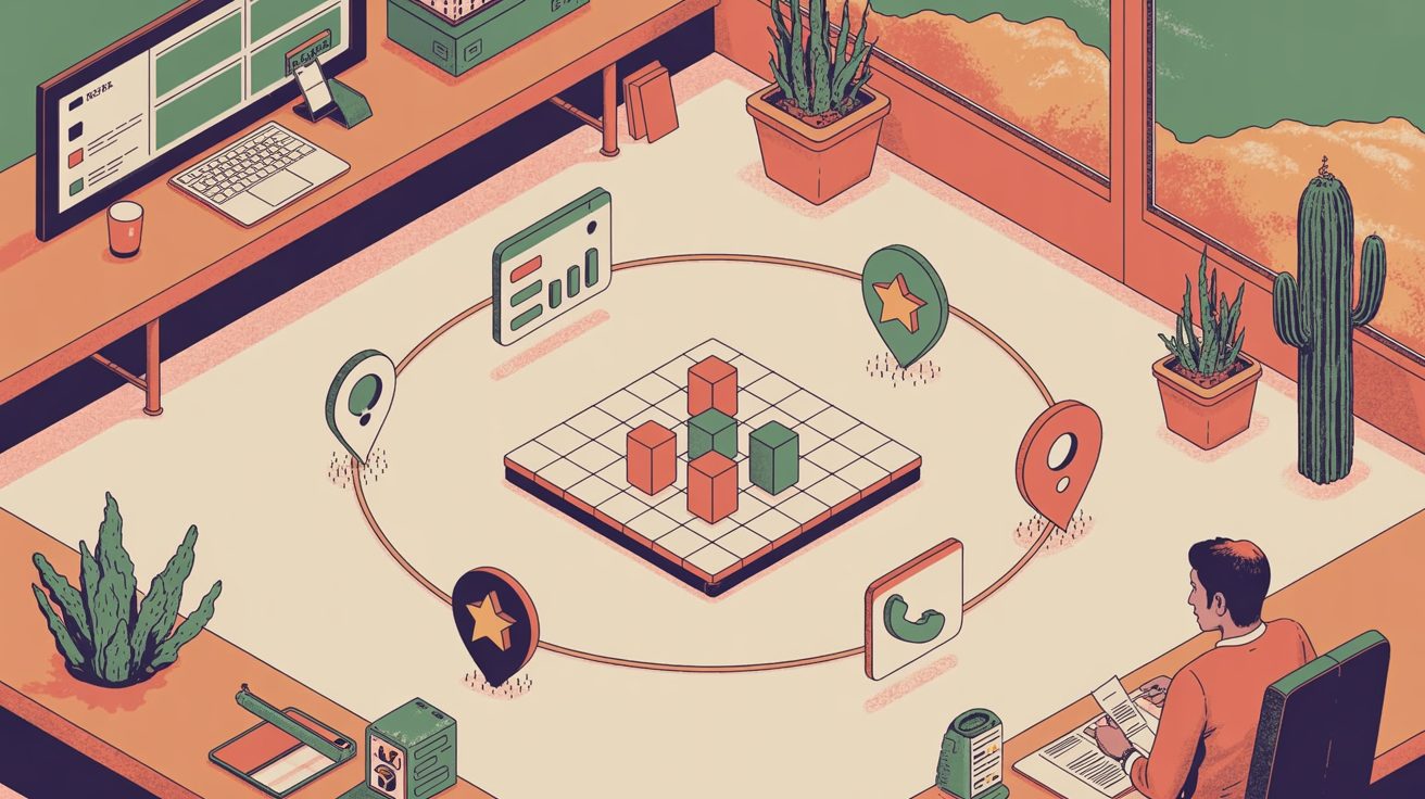 Illustration of Phoenix neighborhood map pins feeding a local SEO growth loop
