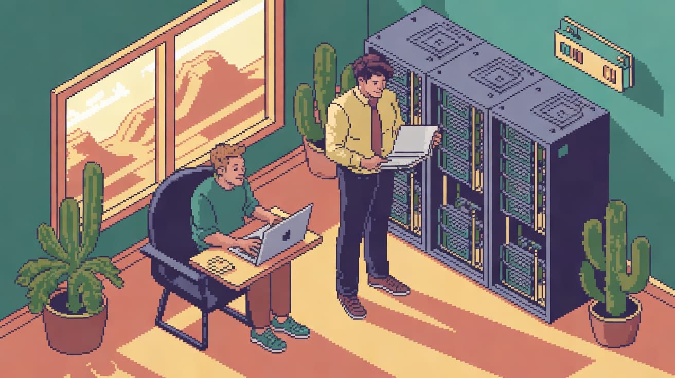 Editorial illustration of a Scottsdale small-business owner and a web specialist in a bright modern studio, reviewing a physical site-rebuild plan beside an open server rack, with a sunlit desert moun