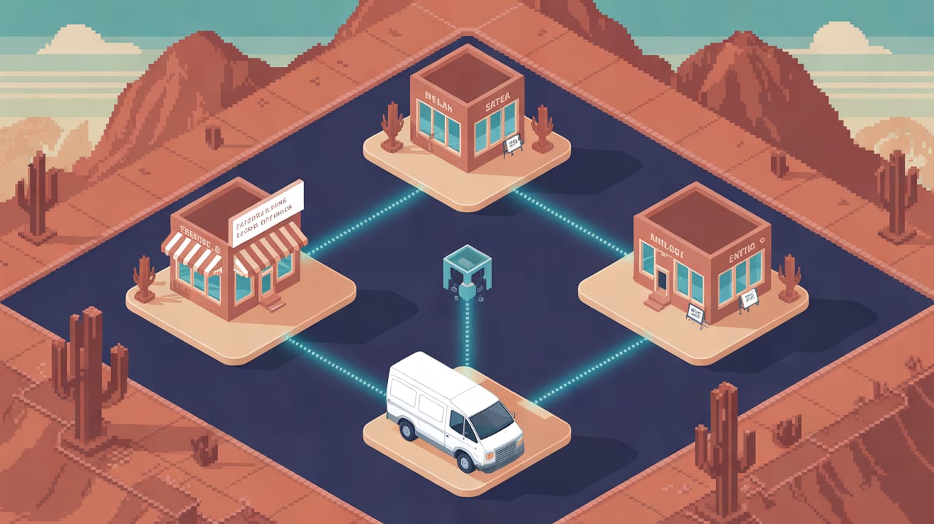 Create a refined editorial illustration of a Phoenix-area small-business service page represented by a physical storefront
