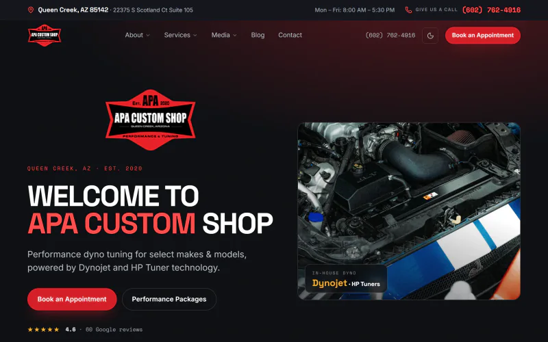 Live screenshot of the APA Custom Shop homepage - automotive performance and dyno tuning in Queen Creek, Arizona.