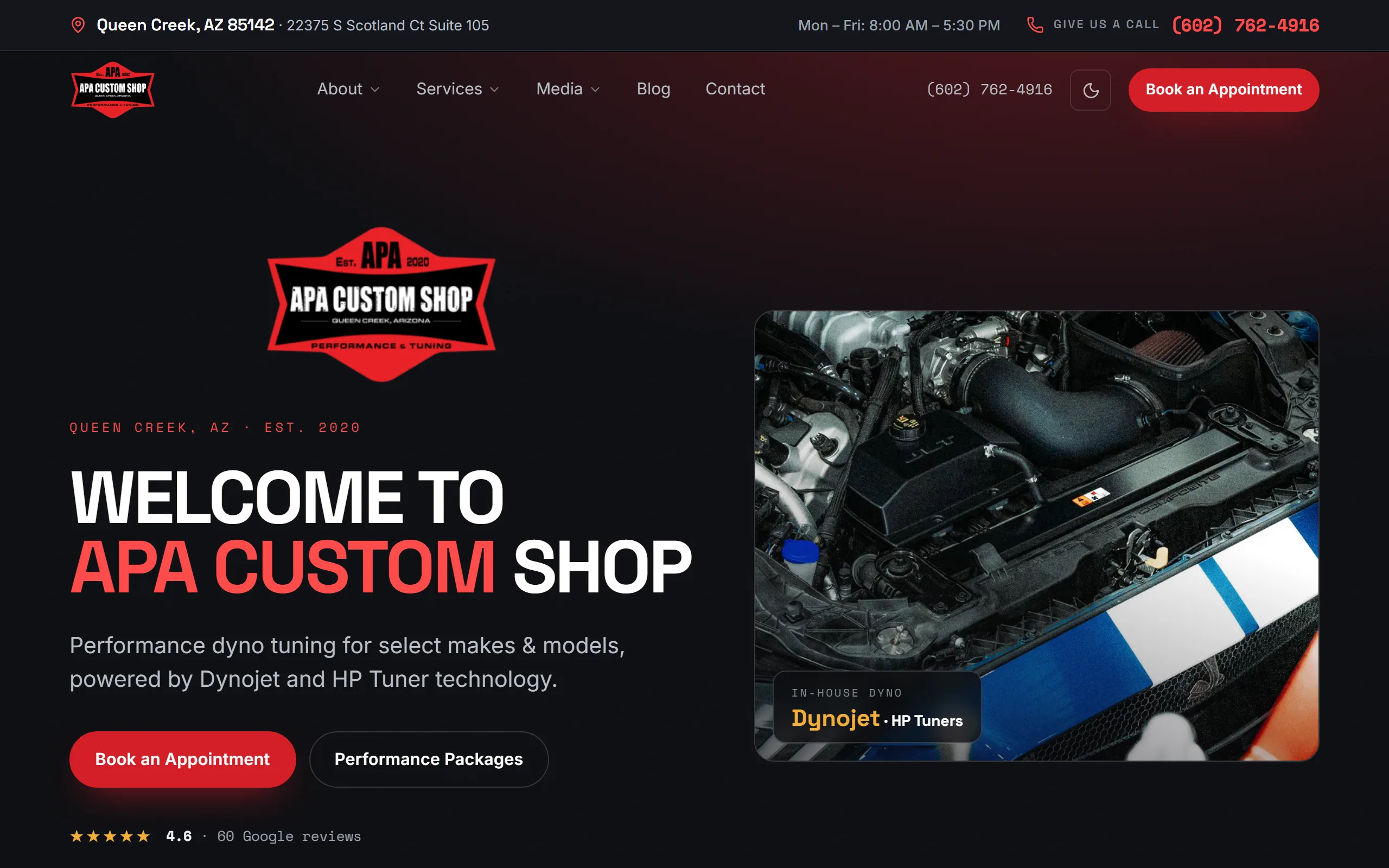 Live screenshot of the APA Custom Shop homepage - automotive performance and dyno tuning in Queen Creek, Arizona.