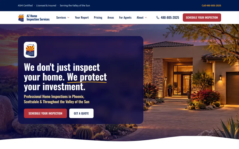 Live screenshot of the AZ Home Inspection Services homepage - ASHI Certified home inspections in Phoenix, Scottsdale and the Valley of the Sun.