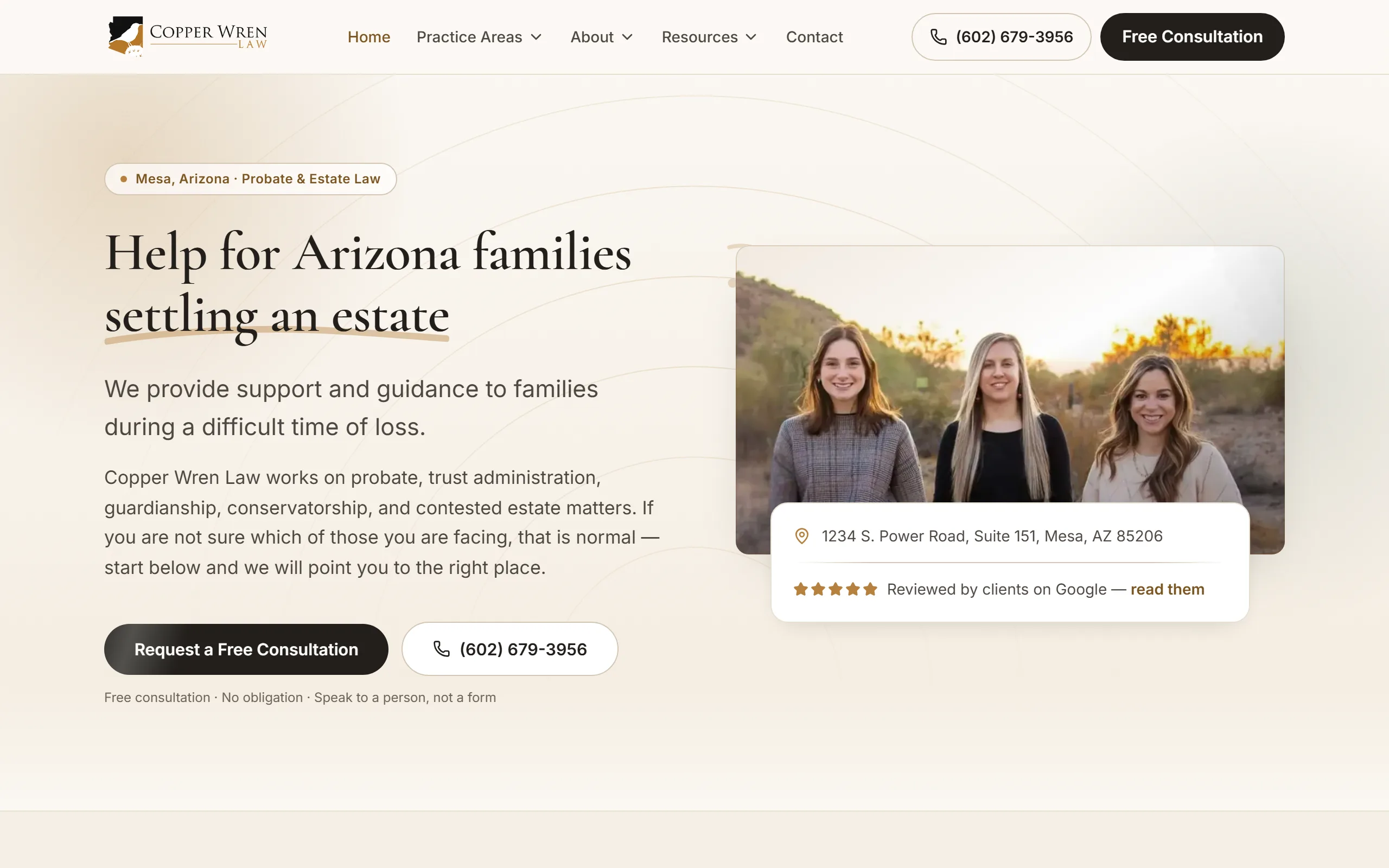 Live screenshot of the Copper Wren Law homepage - a Mesa, Arizona probate and estate law firm handling probate, trust administration, guardianship, and conservatorship.