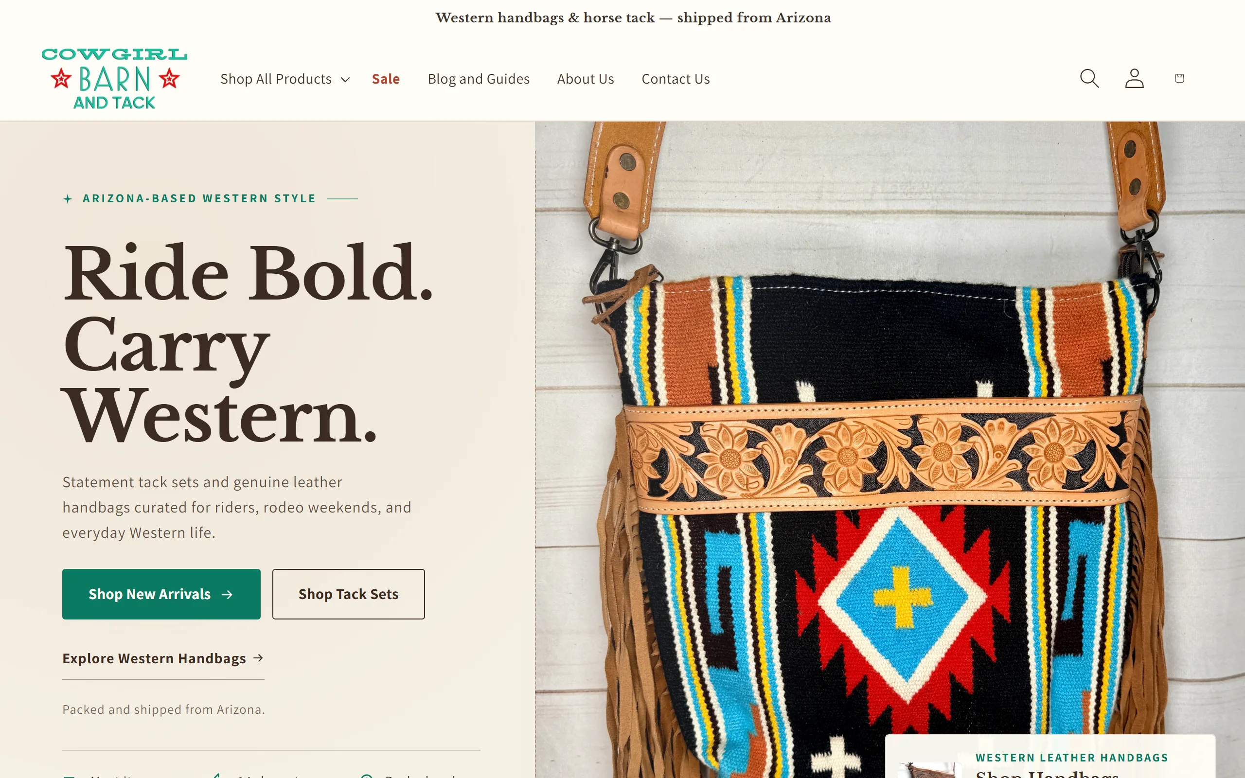 Live screenshot of the Cowgirl Barn & Tack homepage - an Arizona Shopify store selling Western leather handbags and horse tack, shipped from Queen Creek.