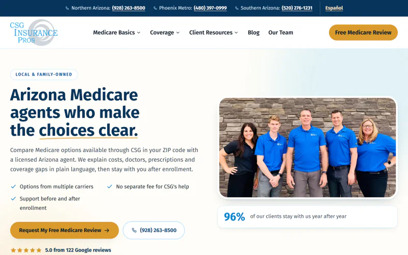 Live screenshot of the CSG Insurance Pros homepage - licensed Arizona Medicare agents comparing plan options for seniors across the Phoenix metro and Mohave County.