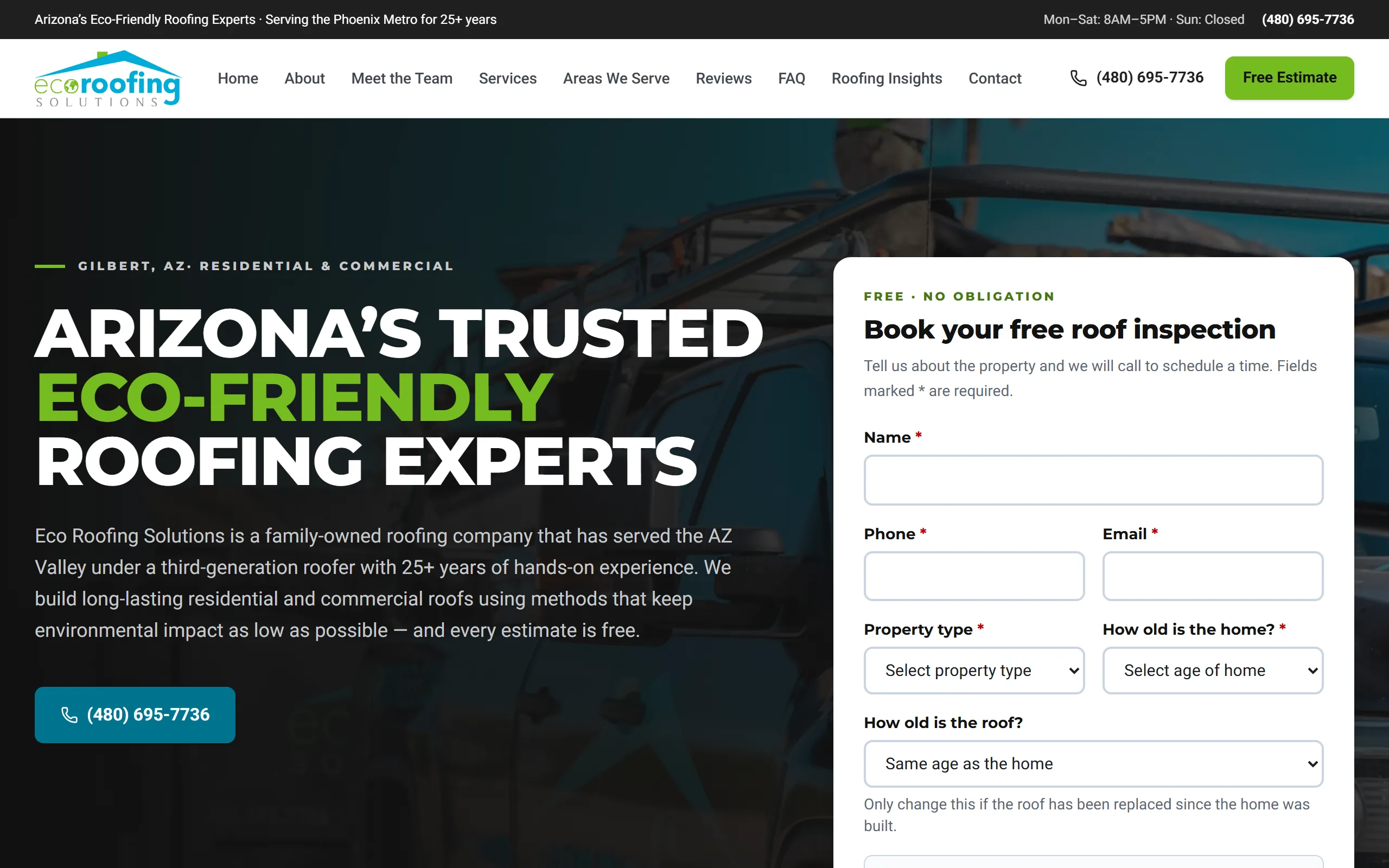 Live screenshot of the Eco Roofing Solutions homepage - a family-owned Gilbert, Arizona roofing contractor serving residential and commercial property owners across the Phoenix metro.