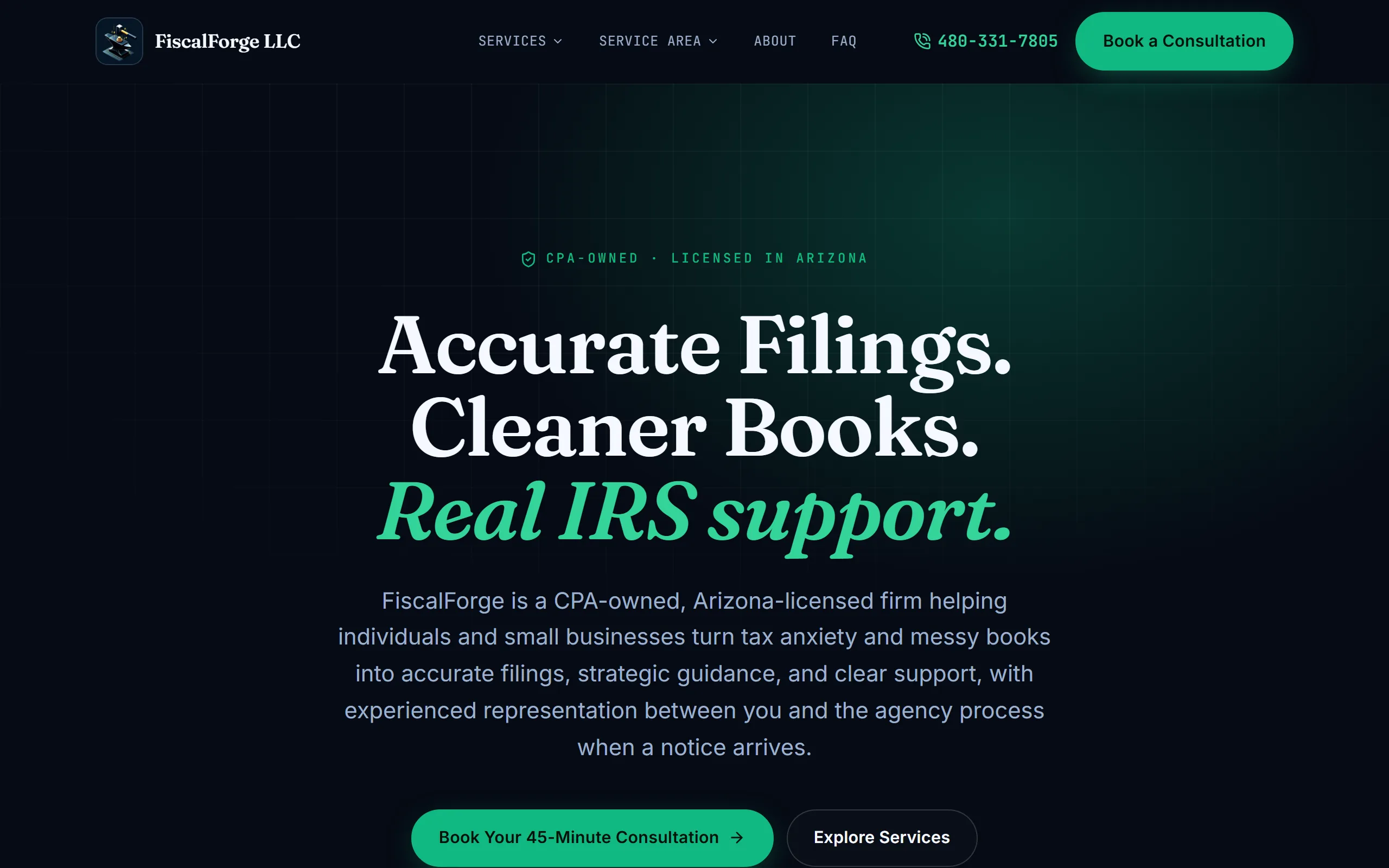 Live screenshot of the FiscalForge homepage - a CPA-owned tax and accounting firm in Scottsdale, Arizona.