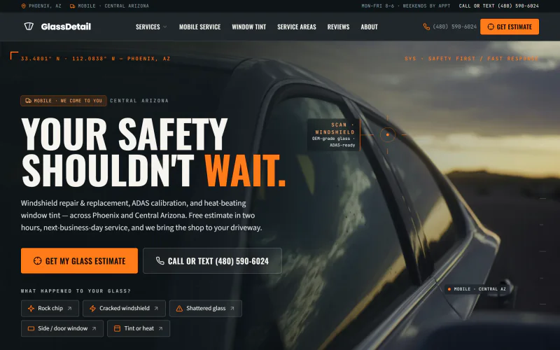 Live screenshot of the Glass Detail homepage - a mobile auto glass company in Phoenix, Arizona offering windshield repair, replacement, ADAS calibration and ceramic window tint.