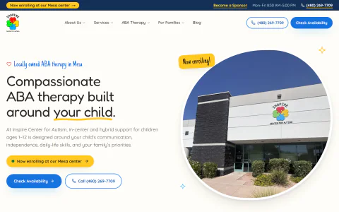 Live screenshot of the Inspire Center for Autism homepage
