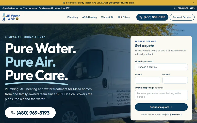 Live screenshot of the JB Water & Air homepage - a family-owned Mesa, Arizona plumbing, air conditioning and water treatment company serving the East Valley.