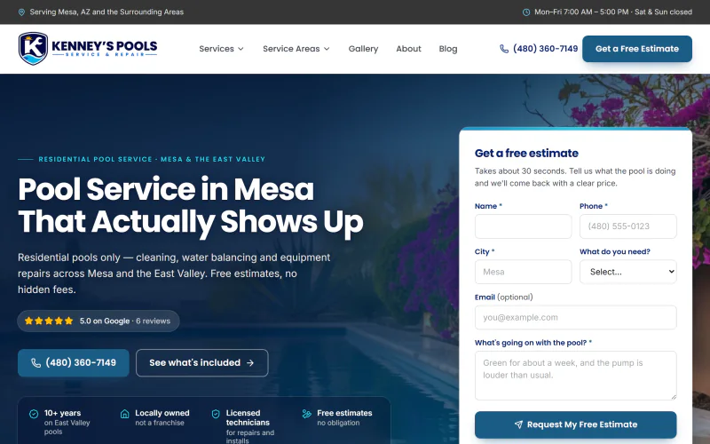 Live screenshot of the Kenney's Pools homepage - a locally owned residential pool service and equipment repair company serving Mesa and the East Valley in Arizona.