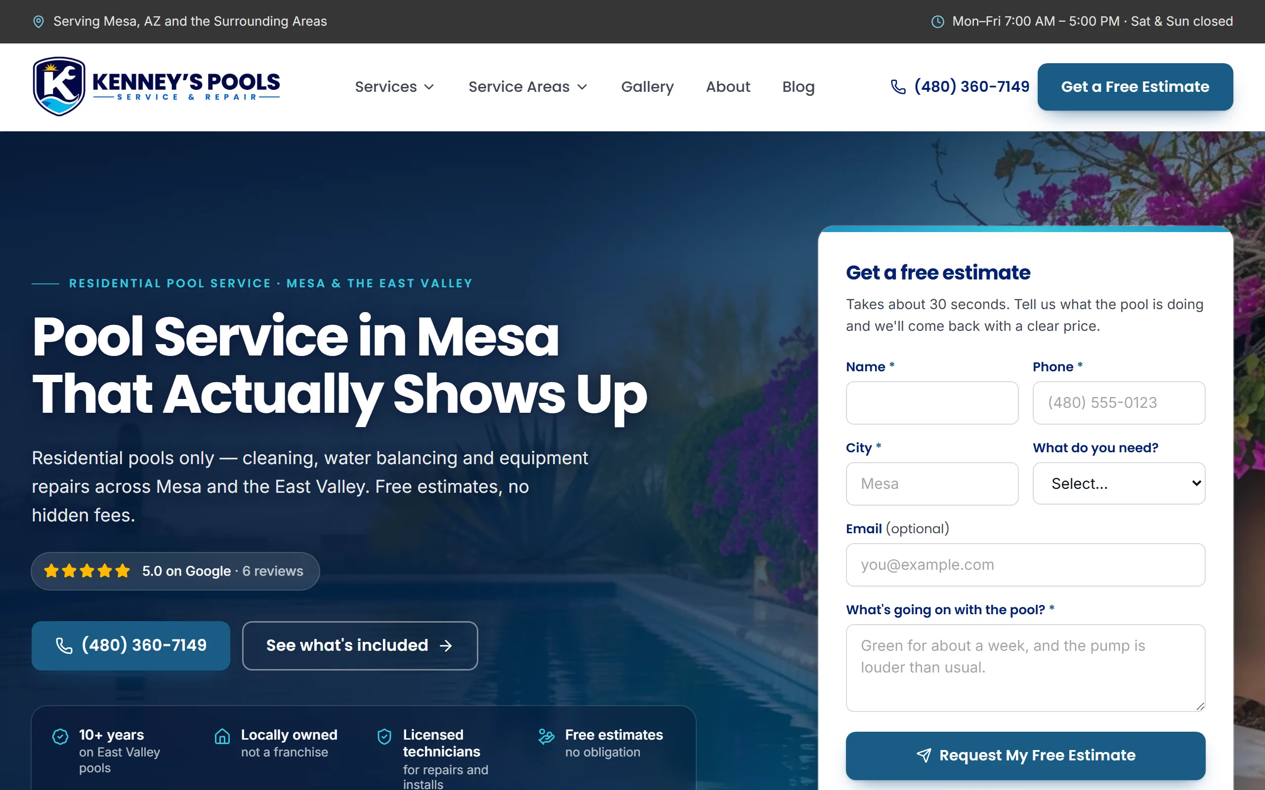 Live screenshot of the Kenney's Pools homepage - a locally owned residential pool service and equipment repair company serving Mesa and the East Valley in Arizona.