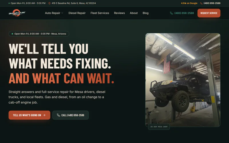 Live screenshot of the Mesa Auto & Fleet homepage - an owner-run auto, diesel and fleet repair shop near Baseline Road in Mesa, Arizona, serving personal vehicles and local fleets.