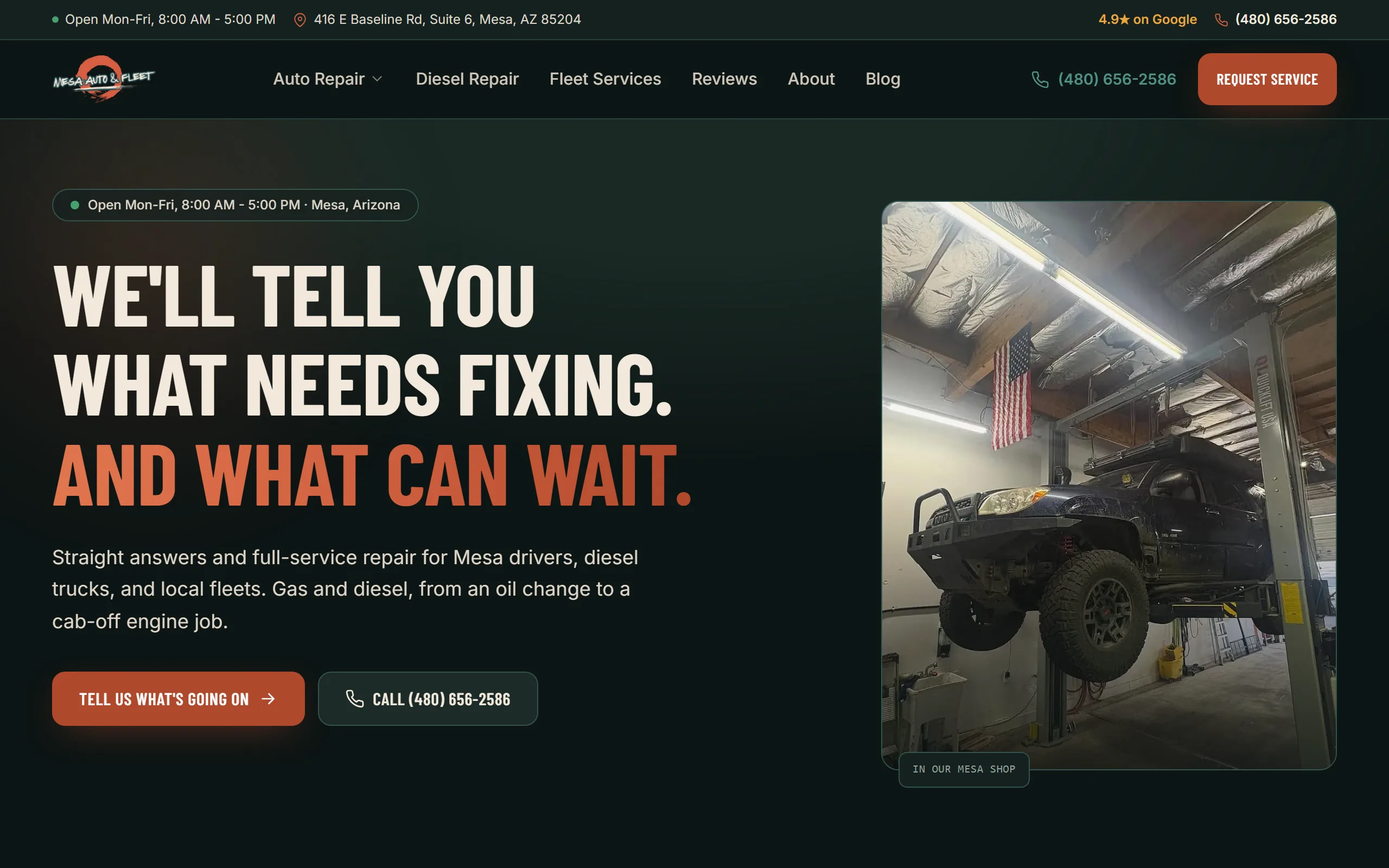 Live screenshot of the Mesa Auto & Fleet homepage - an owner-run auto, diesel and fleet repair shop near Baseline Road in Mesa, Arizona, serving personal vehicles and local fleets.