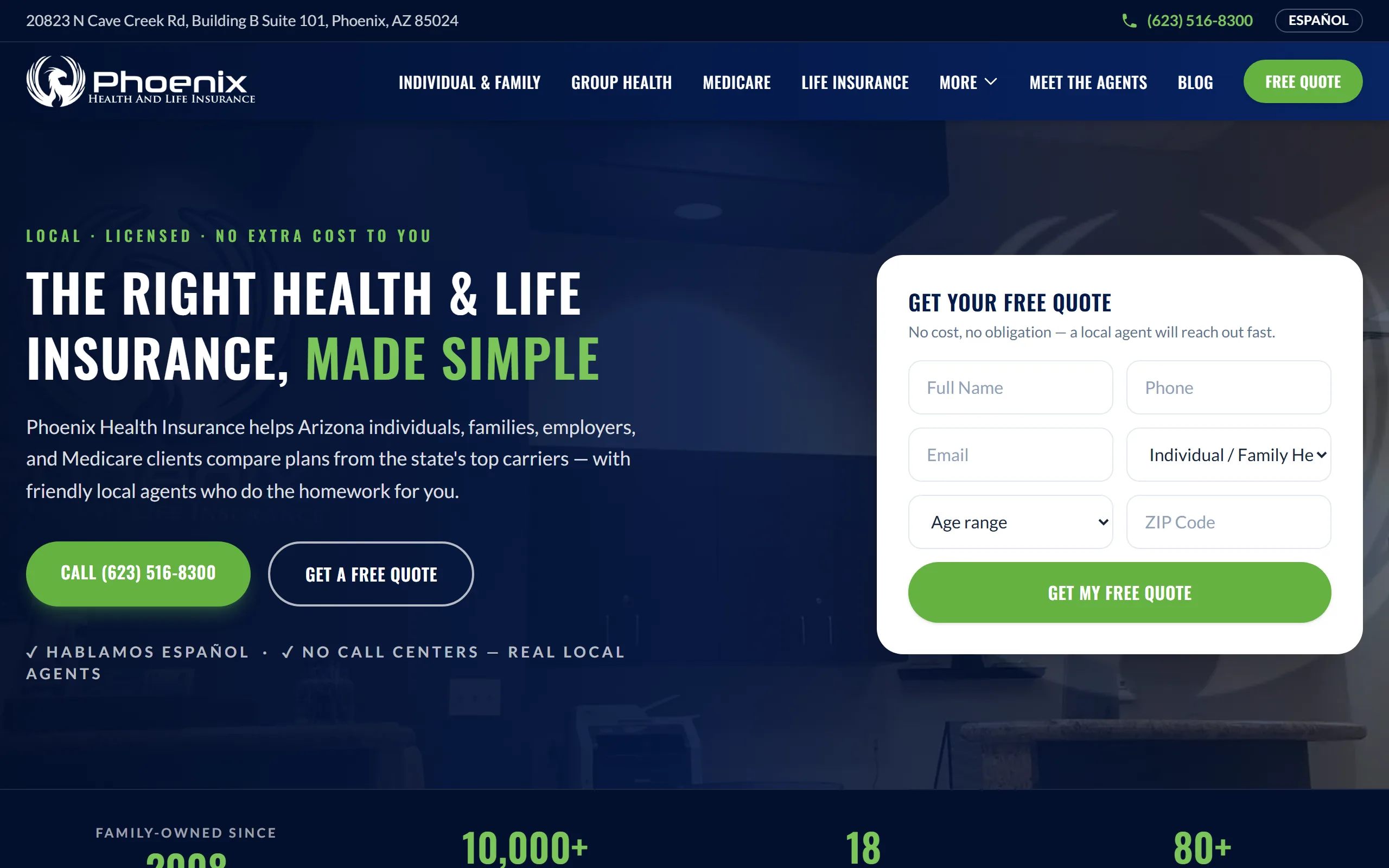 Live screenshot of the Phoenix Health Insurance homepage - a family-owned independent insurance brokerage for health, Medicare, and life plans across Phoenix, Mesa, and Arizona.