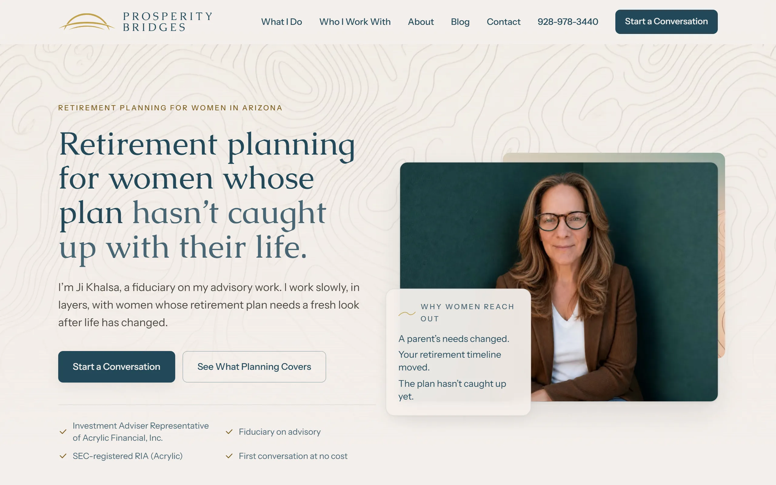 Live screenshot of the Prosperity Bridges homepage - an East Valley, Arizona retirement planning practice for women, led by an investment adviser representative.