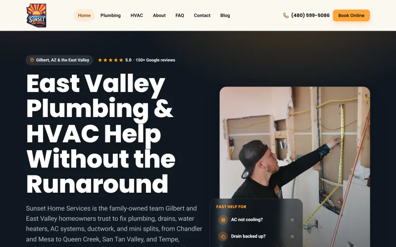 Live screenshot of the Sunset Home Services homepage, a Gilbert plumbing and HVAC site we built