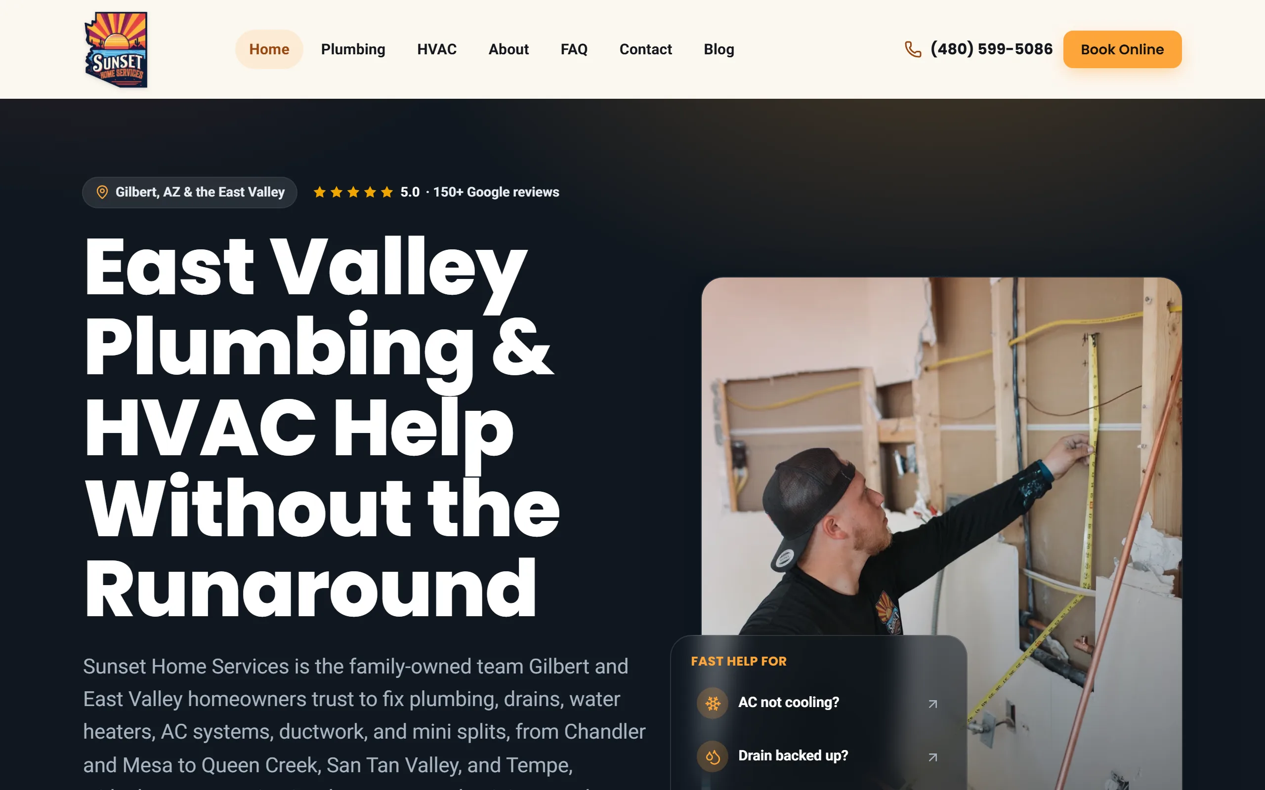 Live screenshot of the Sunset Home Services homepage - family-owned plumbing and HVAC serving Gilbert and the Phoenix East Valley.