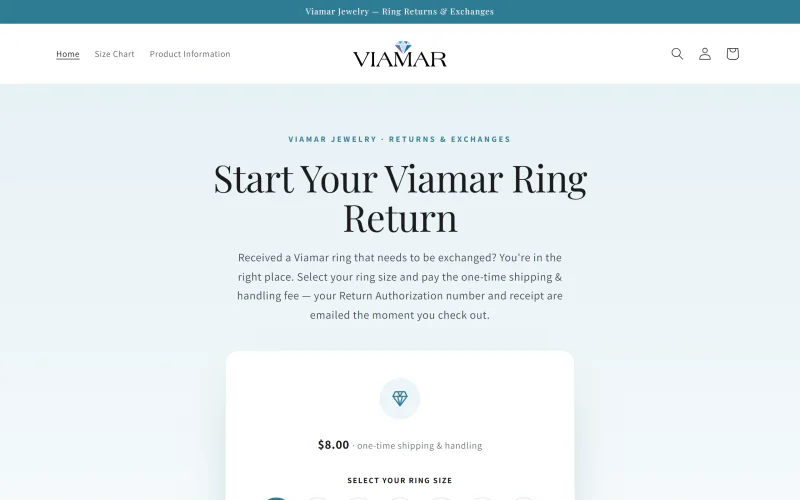 Live screenshot of the Viamar Jewelry homepage - a Shopify ring returns and exchanges portal where customers select a ring size and pay a flat shipping and handling fee.