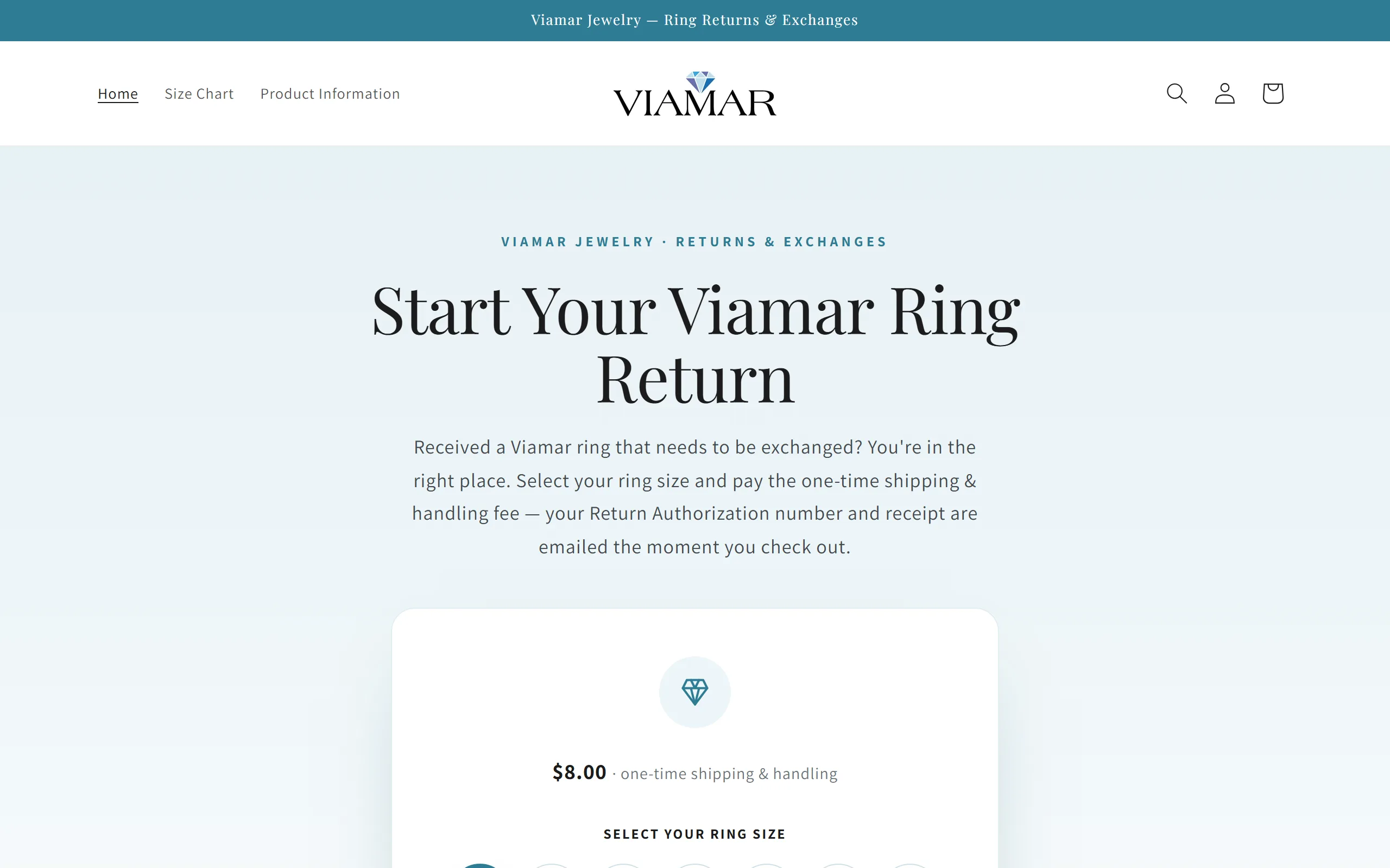Live screenshot of the Viamar Jewelry homepage - a Shopify ring returns and exchanges portal where customers select a ring size and pay a flat shipping and handling fee.